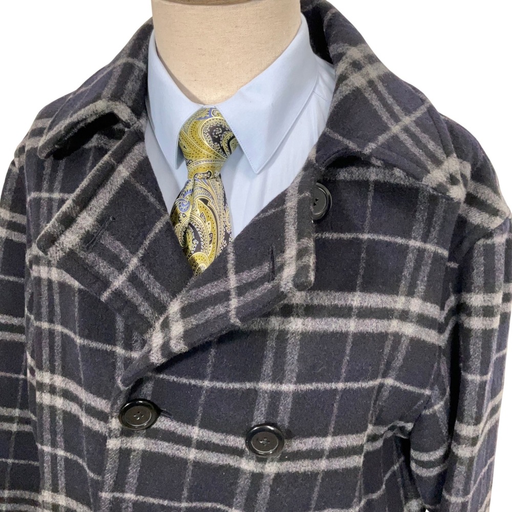 Roundtree Yorke Peacoat Mens Lg Gray Plaid Flannel Double Breasted Wool Jacket